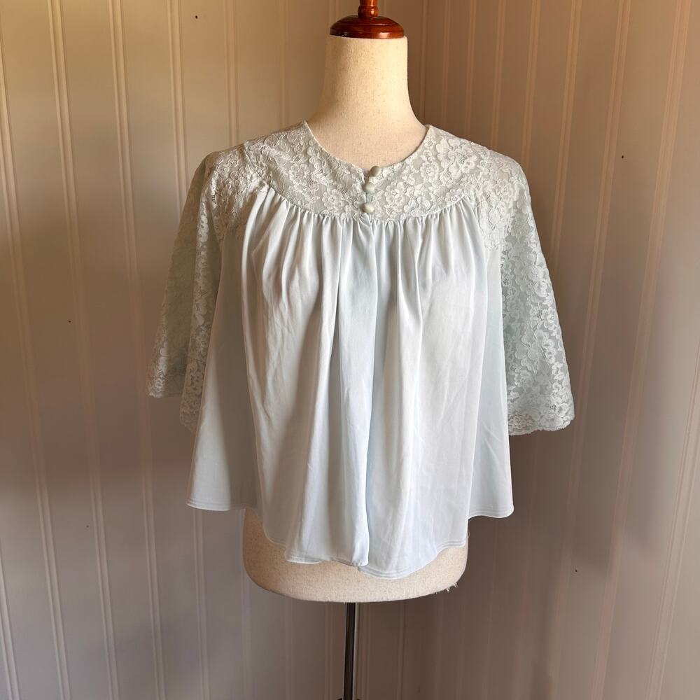 Vintage 70s Coquette Blue Lace Bed Jacket M